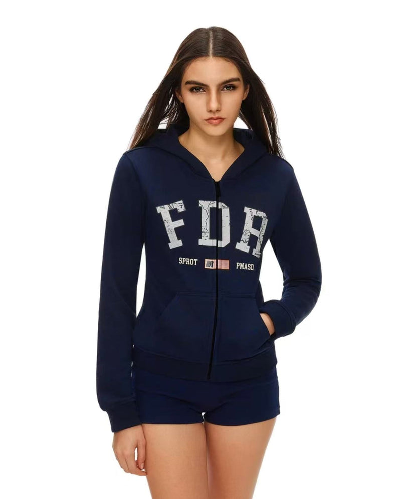 FDR Retro Logo Printed Zipper Hoodie (For Women)