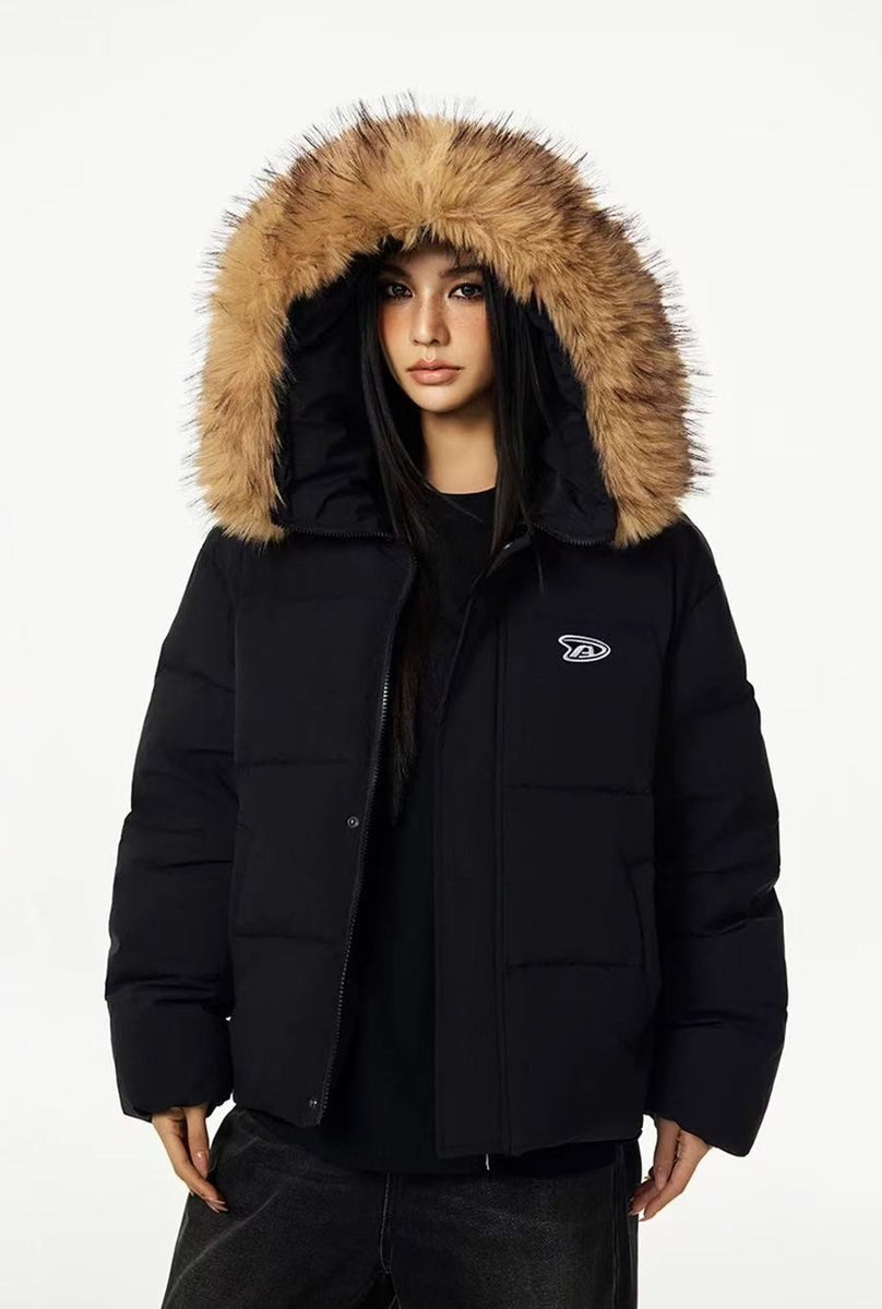 ACHOCK Logo Print Fur Collar Hooded Down Jacket