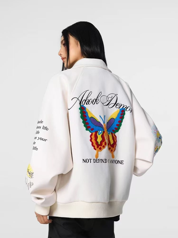 ACHOCK Butterfly Embroidered Stand Collar Baseball Jacket