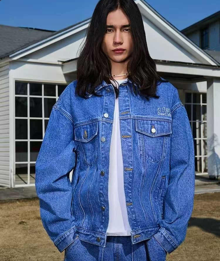 AFGK Three Angels Topstitch Embroidered Denim Jacket