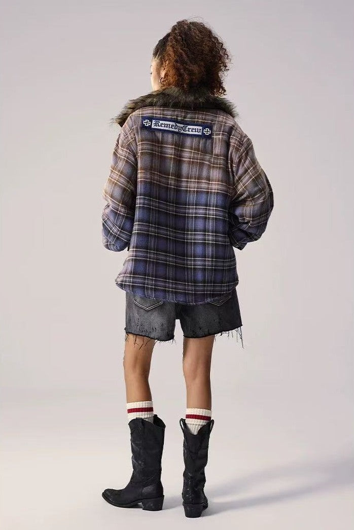 REMEDY Thickened Gradient Distressed Plaid Fur Collar Cotton Coat