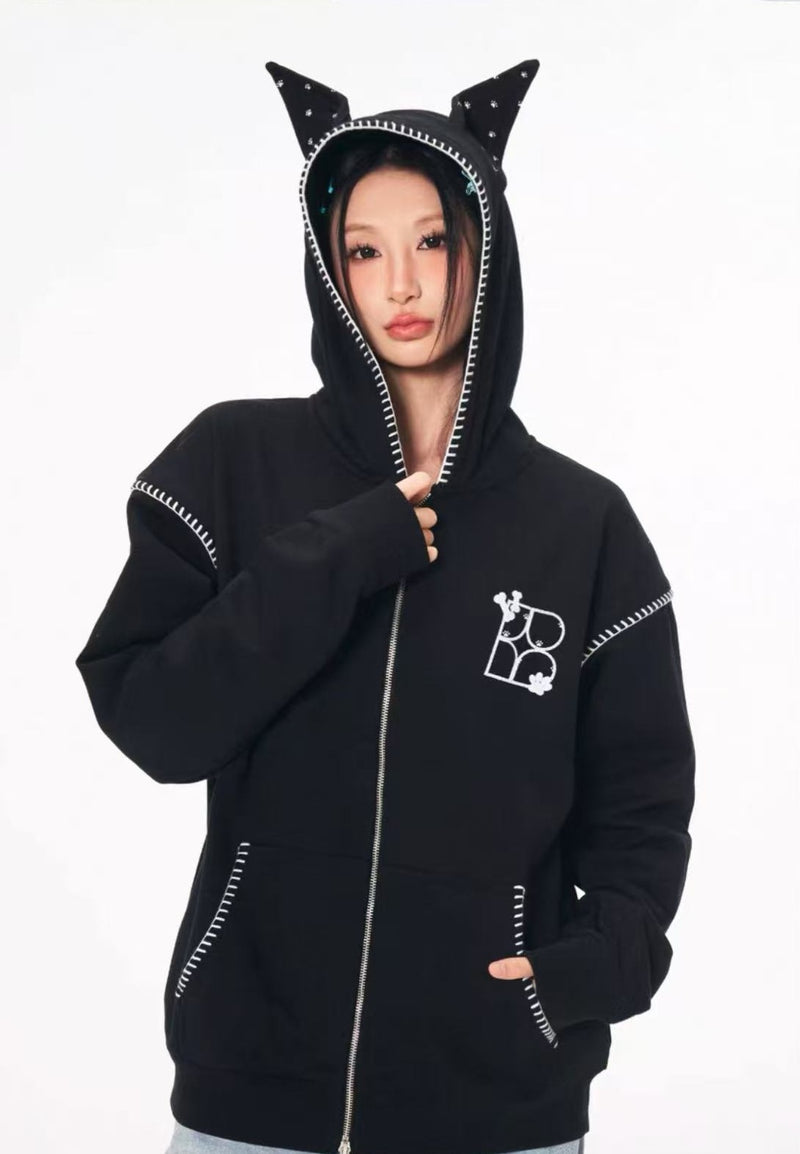 BIPOLAR Dog Ear Patch Zipper Hoodie