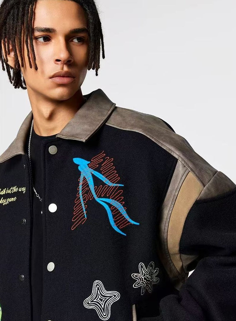 ACHOCK Heavy-duty Cartoon Embroidered Baseball Jacket