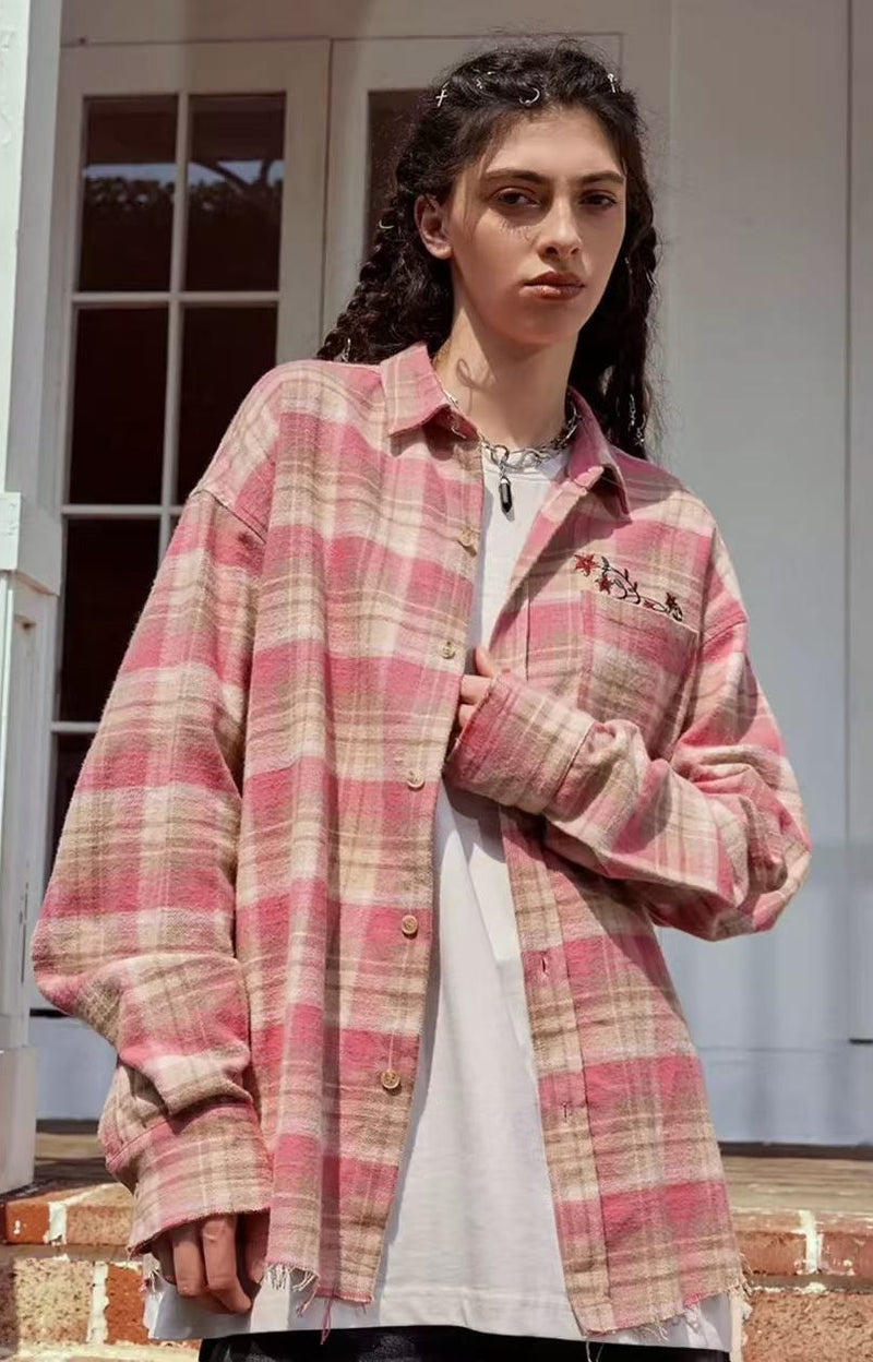 ACHOCK Embroidery Fringe Plaid Long Sleeve Shirt