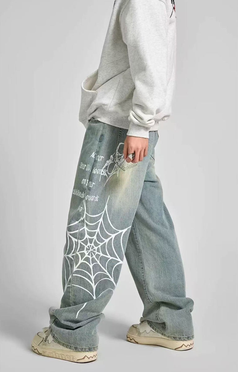 ACHOCK Spiderweb Print Washed Jeans