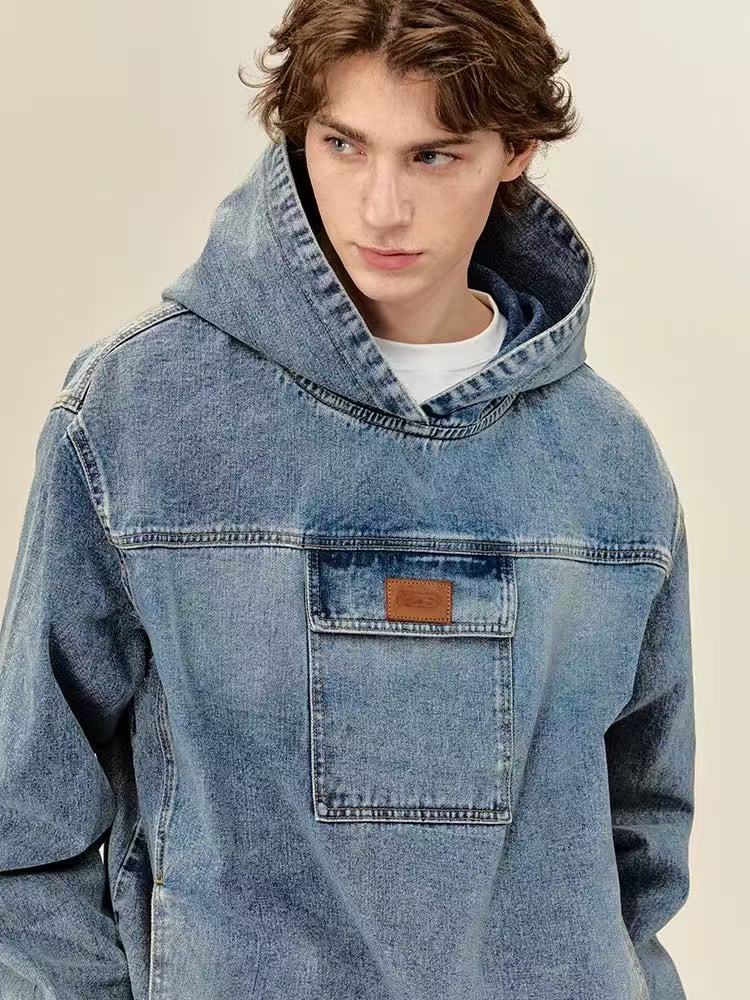 ICONSLAB Washed Denim Drawstring Split Hoodie