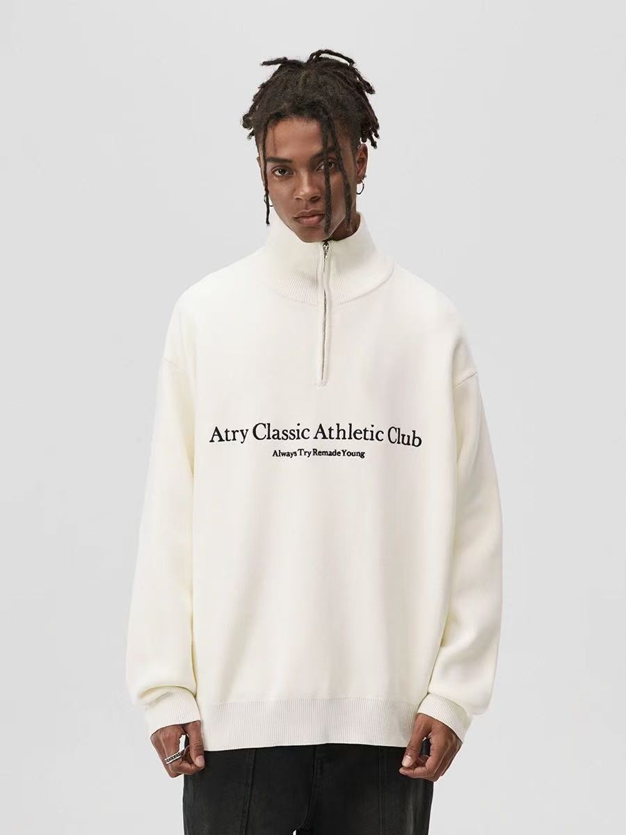 ATRY Slogan Embroidered  Polo Zipper Sweater