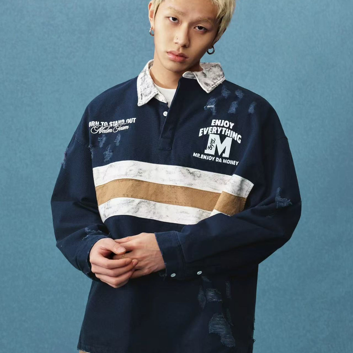 MEDM Contrast Color Striped Polo Long-sleeve T-shirt