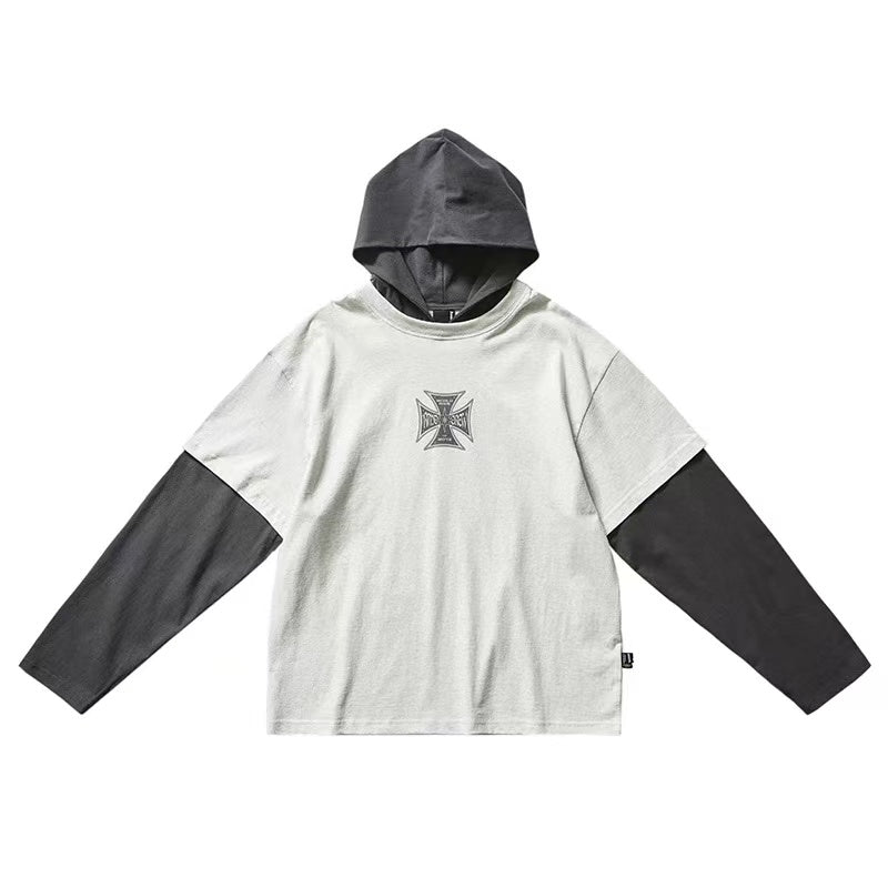 REMEDY Retro Fake Two-piece Hooded Long-sleeved T-shirt