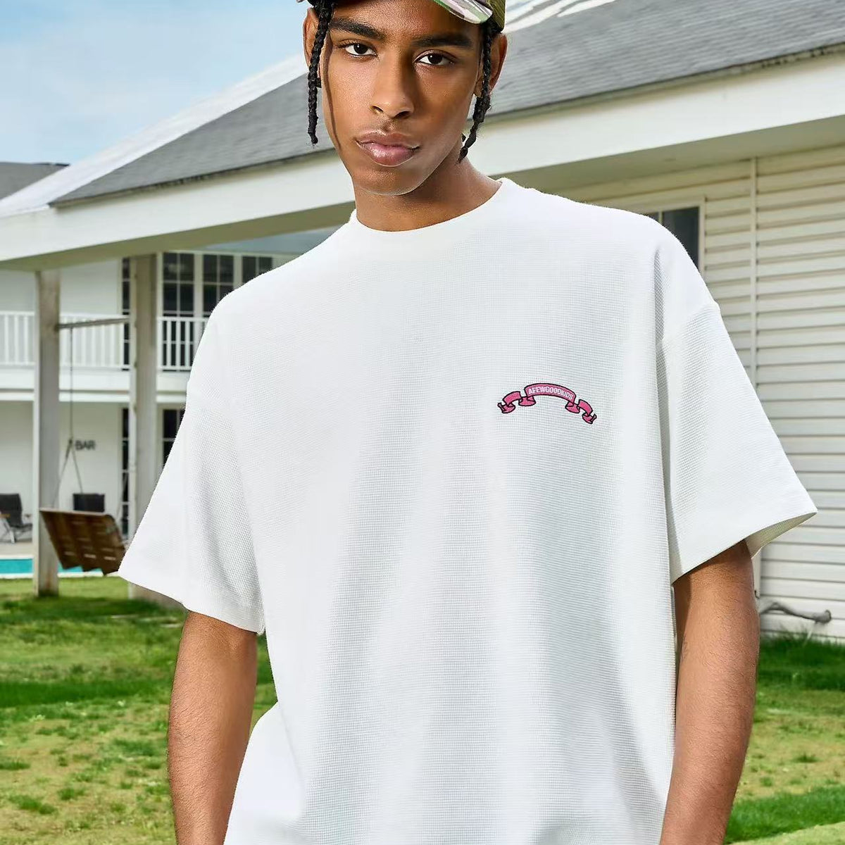 AFGK Waffle Ribbon Embroidered Short-sleeves T-shirt