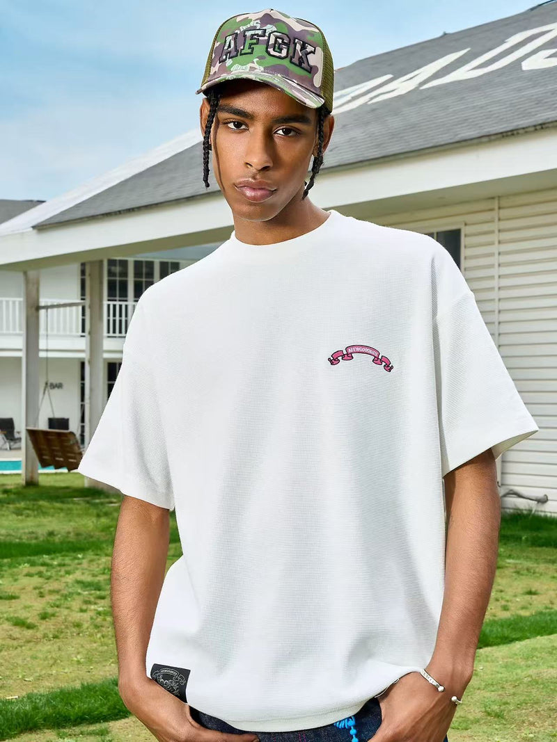 AFGK Waffle Ribbon Embroidered Short-sleeves T-shirt