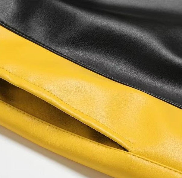AFGK Street Black and Yellow Contrast Zipper Leather Pants