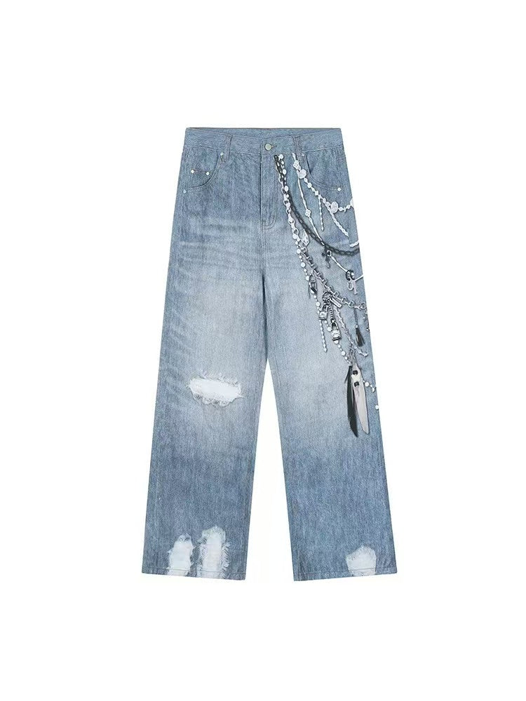 ACHOCK 3D Chain Printed Loose Jeans