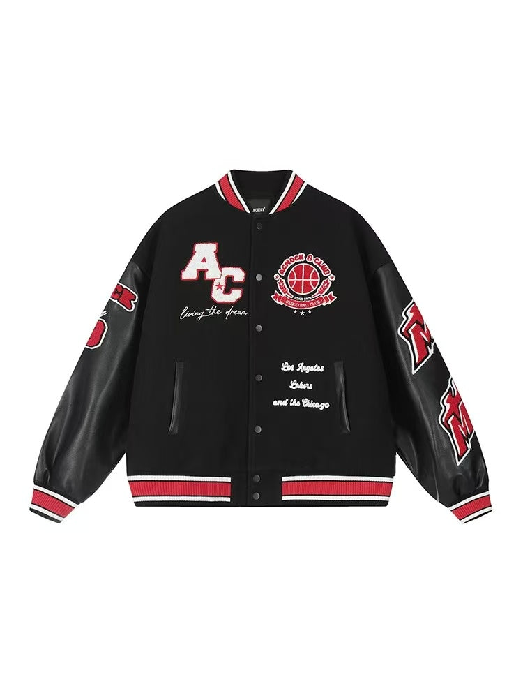 ACHOCK Retro Stitching Flocked Embroidery Varsity Jacket