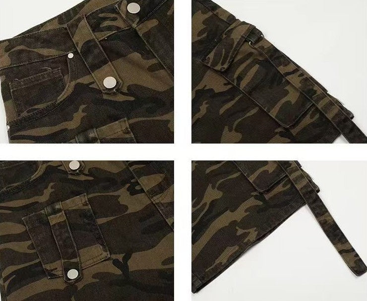 ACHOCK Retro Big Pocket Camouflage Baggy Shorts