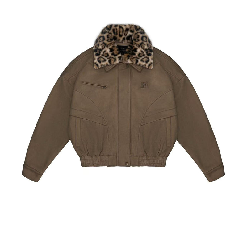 FDR  Suede Leopard Print Contrast Lapel Cardigan Jacket