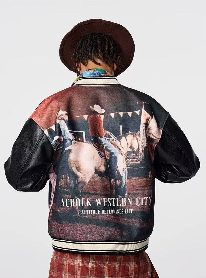ACHOCK Vintage Western Cowboy Full Printing Hot Drill Jacket