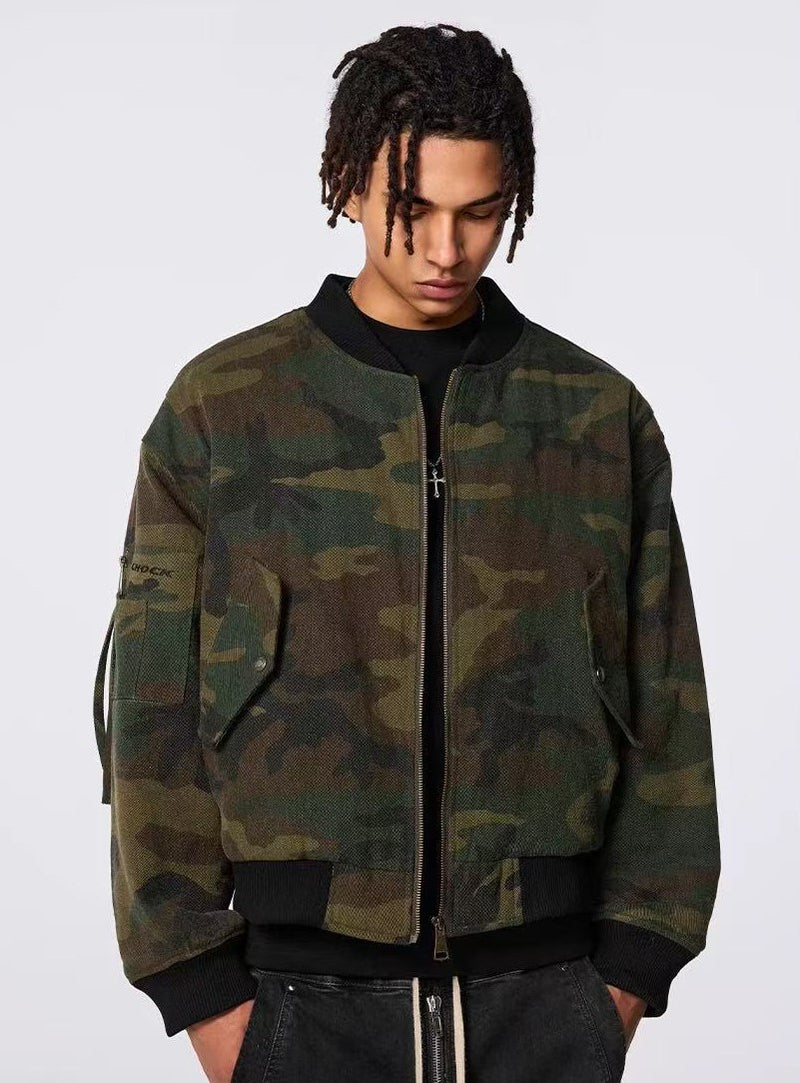 ACHOCK Washed Distressed Camouflage Cotton Bomber Jacket