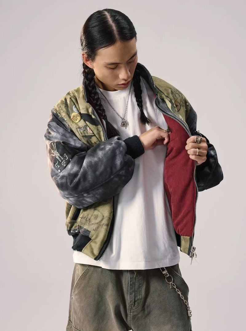 REMEDY Washed Printed Patchwork Bomber Jacket