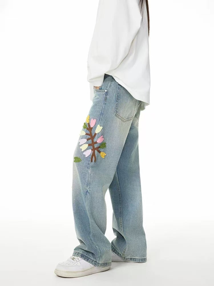 ACHOCK Floral Embroidered Heavy Duty Jeans