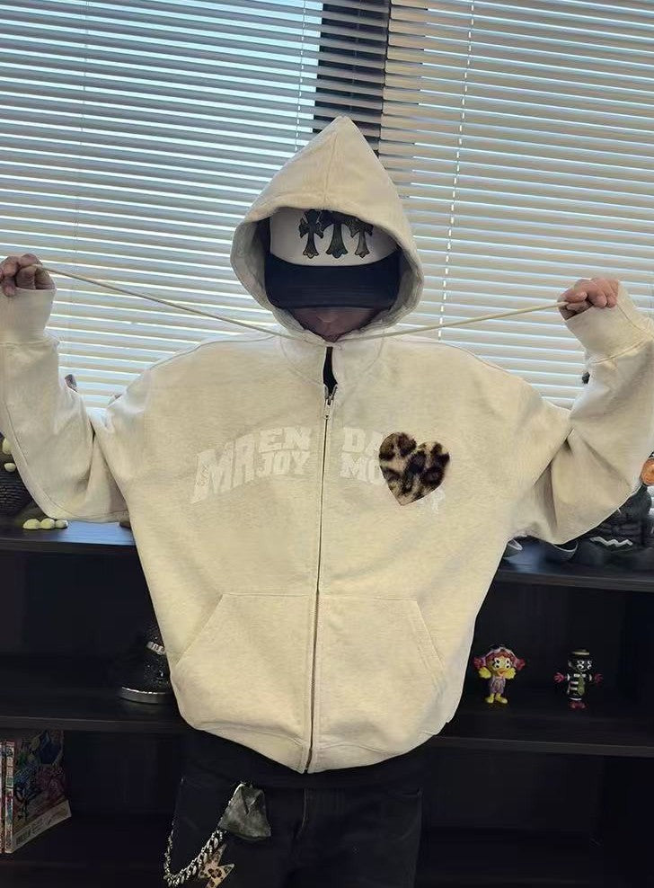 MEDM Distressed Font Heart Plush Leopard Print Zip Hoodie