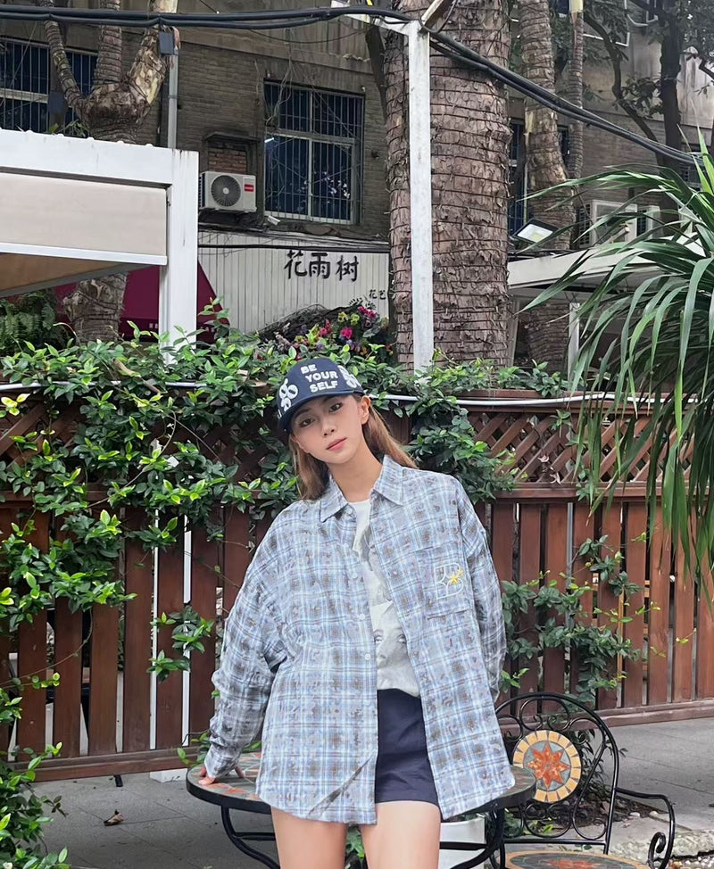 BIPOLAR Retro Floral Letter Embroidered Tie-dye Plaid Shirt