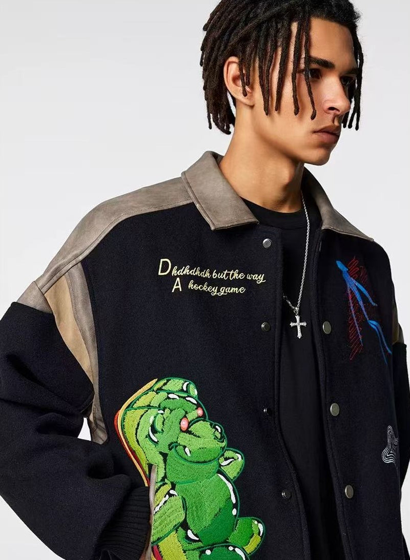 ACHOCK Heavy-duty Cartoon Embroidered Baseball Jacket