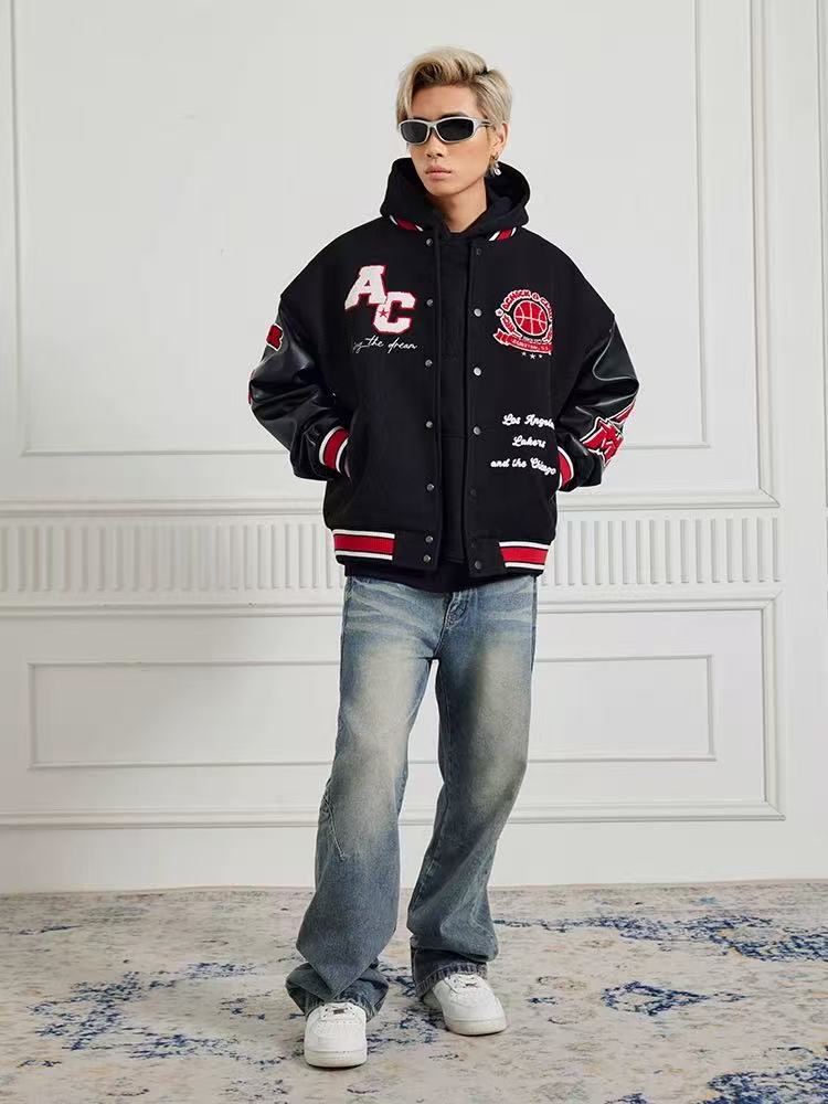 ACHOCK Retro Stitching Flocked Embroidery Varsity Jacket