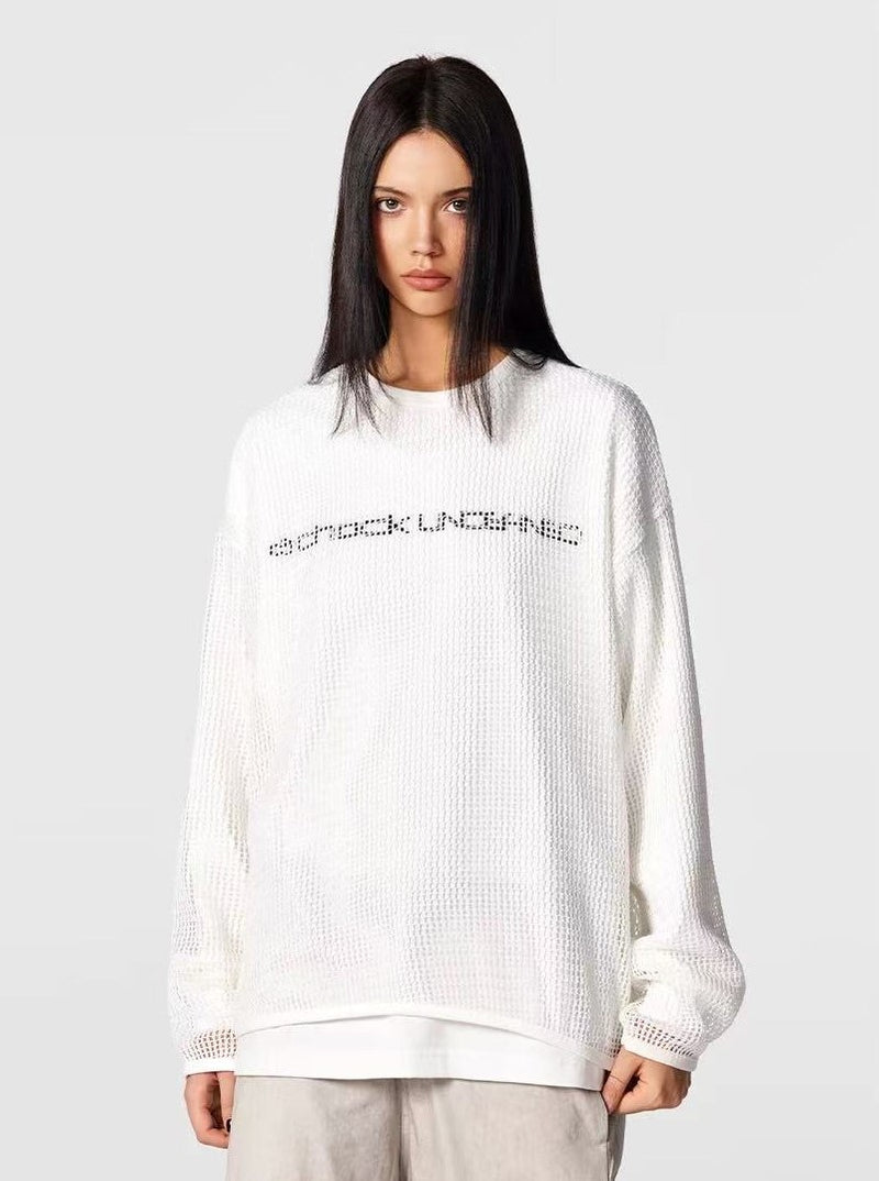 ACHOCK Fake Two-piece Heavy-duty Hollow Printed Long-sleeved T-shirt