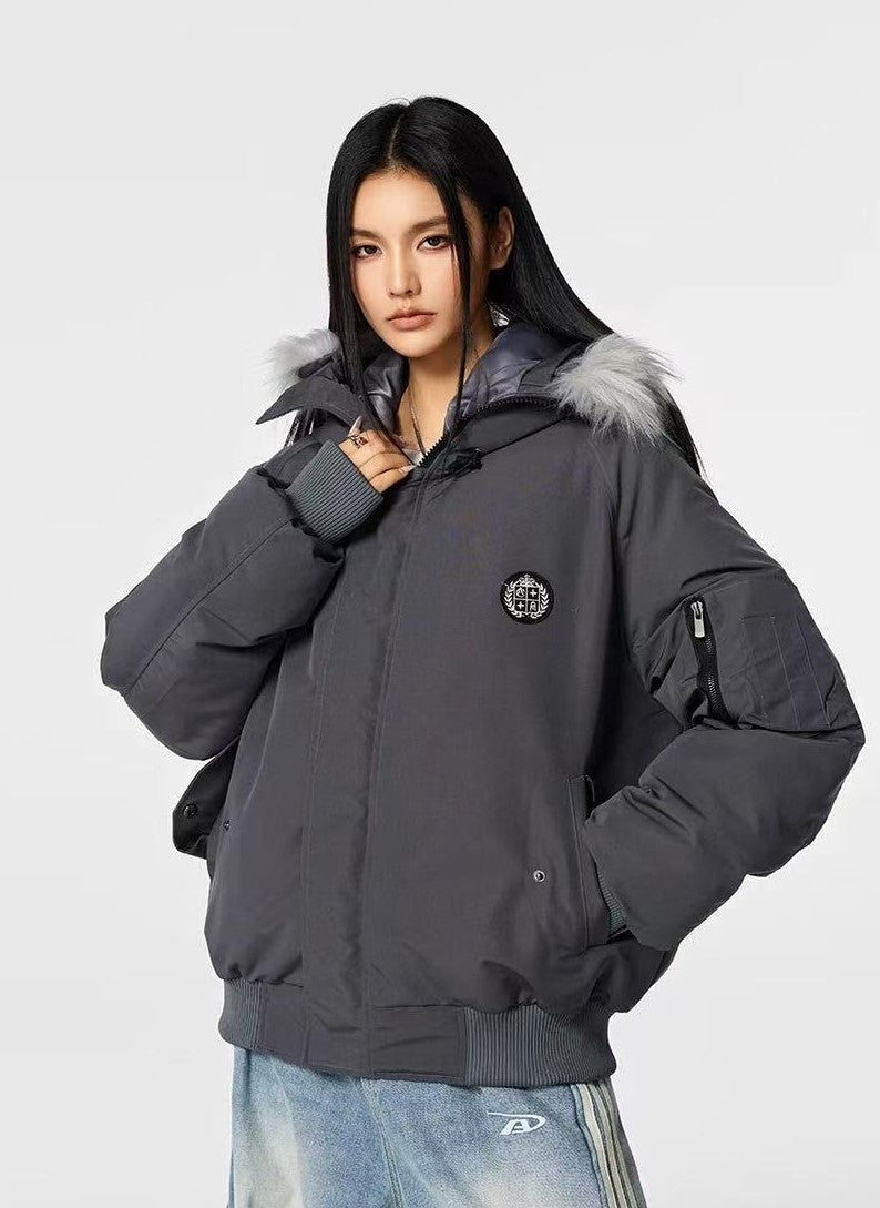 ACHOCK Logo Design Fur Collar Hooded Cotton Coat