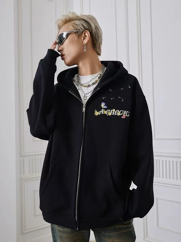 ACHOCK Heavy Floral Embroidered Zipper Sweatshirt