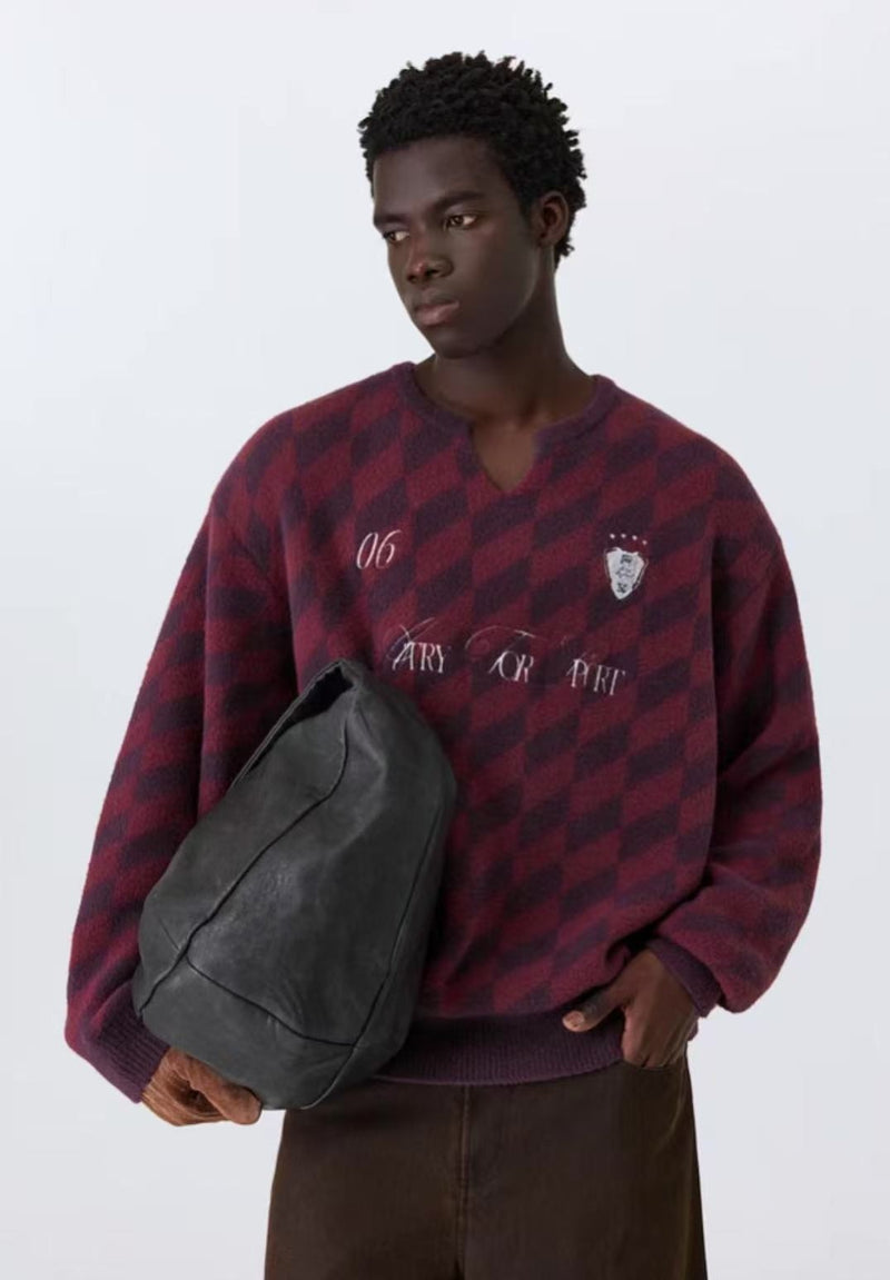 ATRY Sport Contrasting Diamond Plaid Small V-neck Sweater