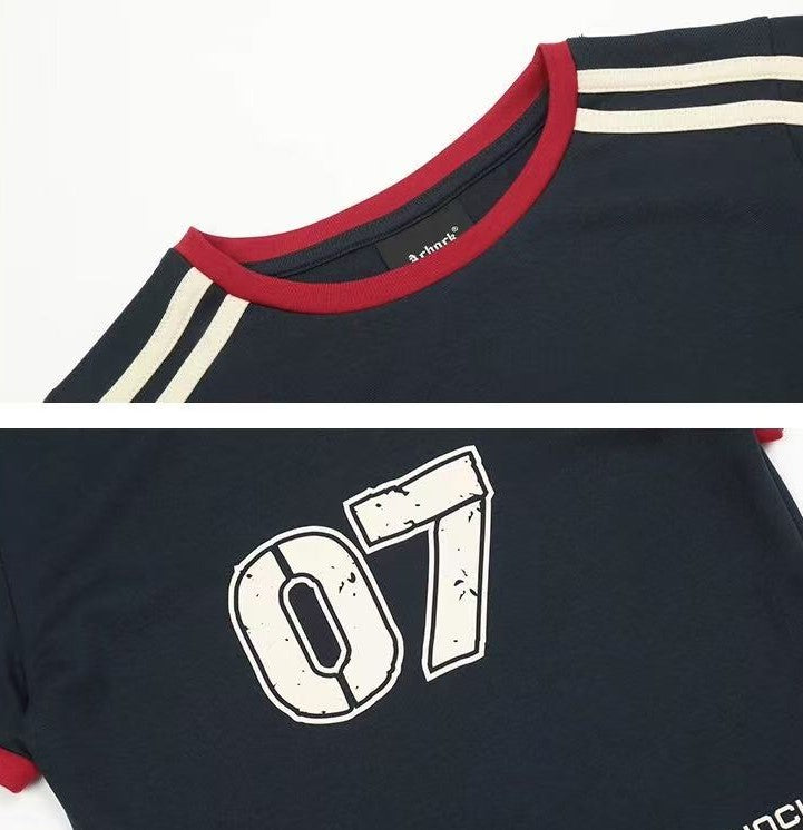 ACHOCK Retro Contrast Stripe Stitching Slimming Short-sleeved T-shirt (For Women)