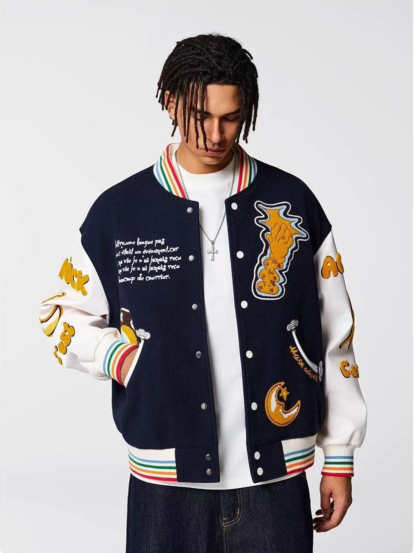 ACHOCK Crescent Bear Embroidered Baseball Jacket