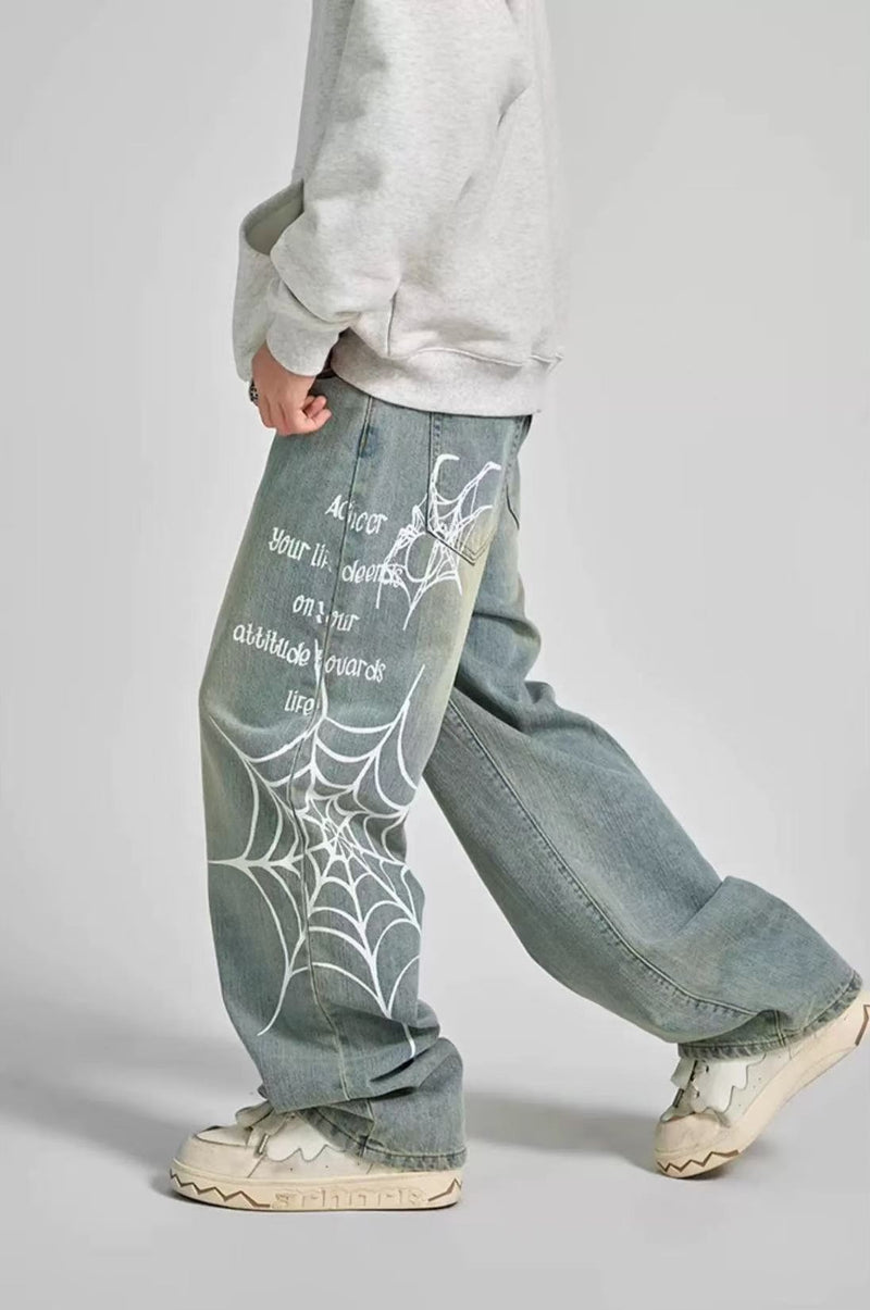 ACHOCK Spiderweb Print Washed Jeans