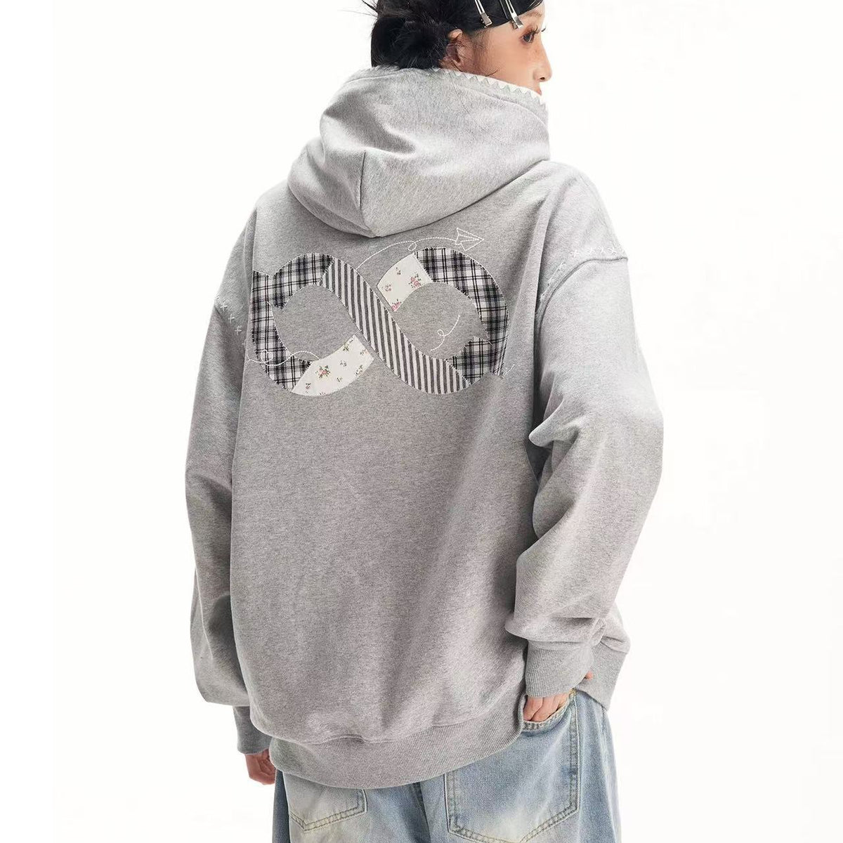 BIPOLAR Floral Striped Patchwork Shell Embroidered Hoodie
