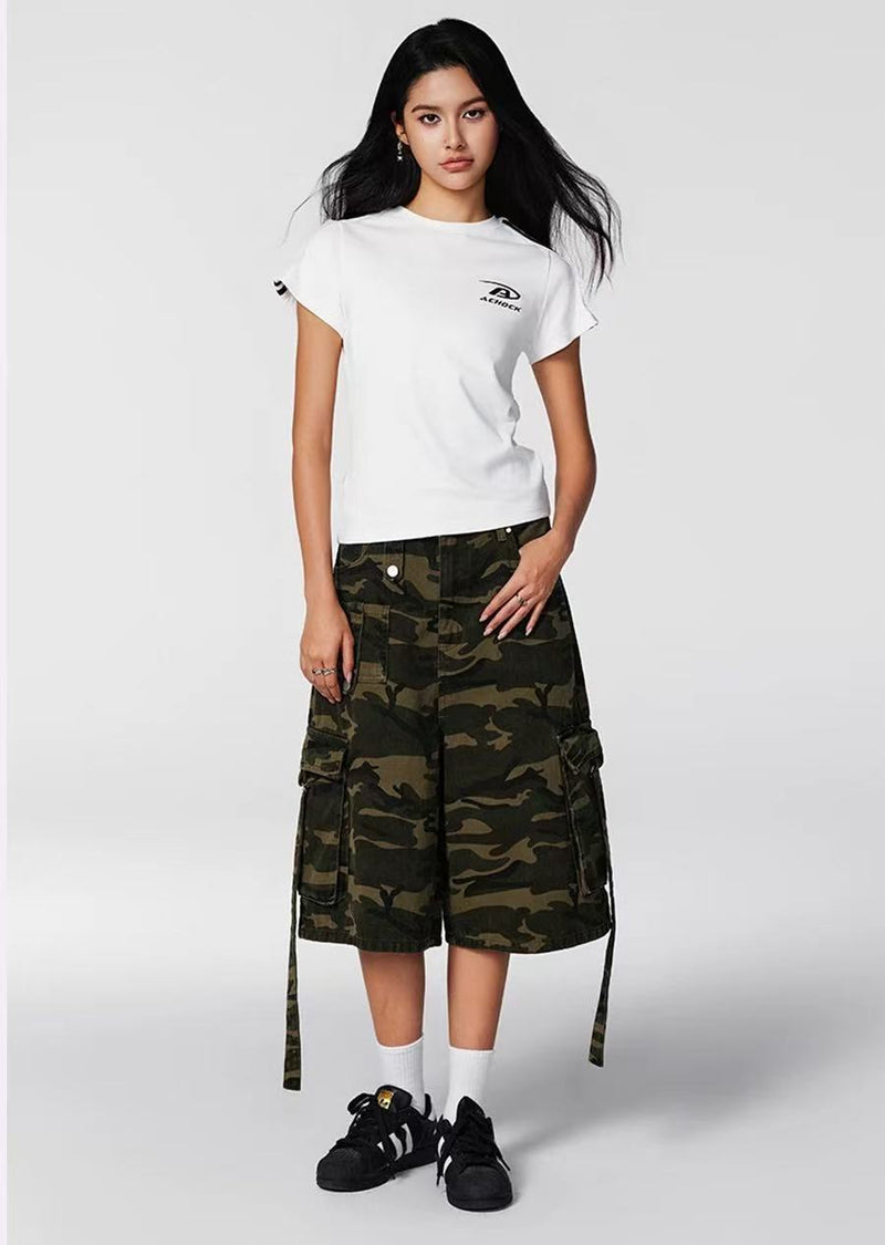 ACHOCK Retro Big Pocket Camouflage Baggy Shorts