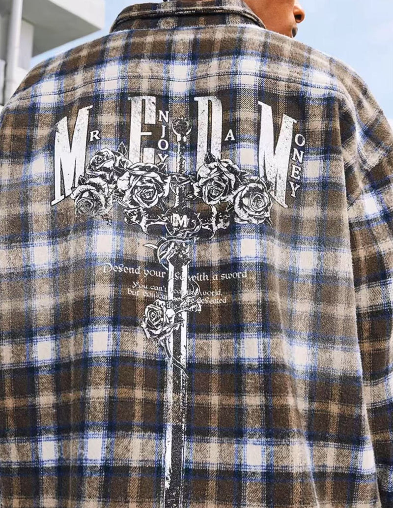 MEDM Washed Distressed Rose and Sword Plaid Long-sleeve Shirt