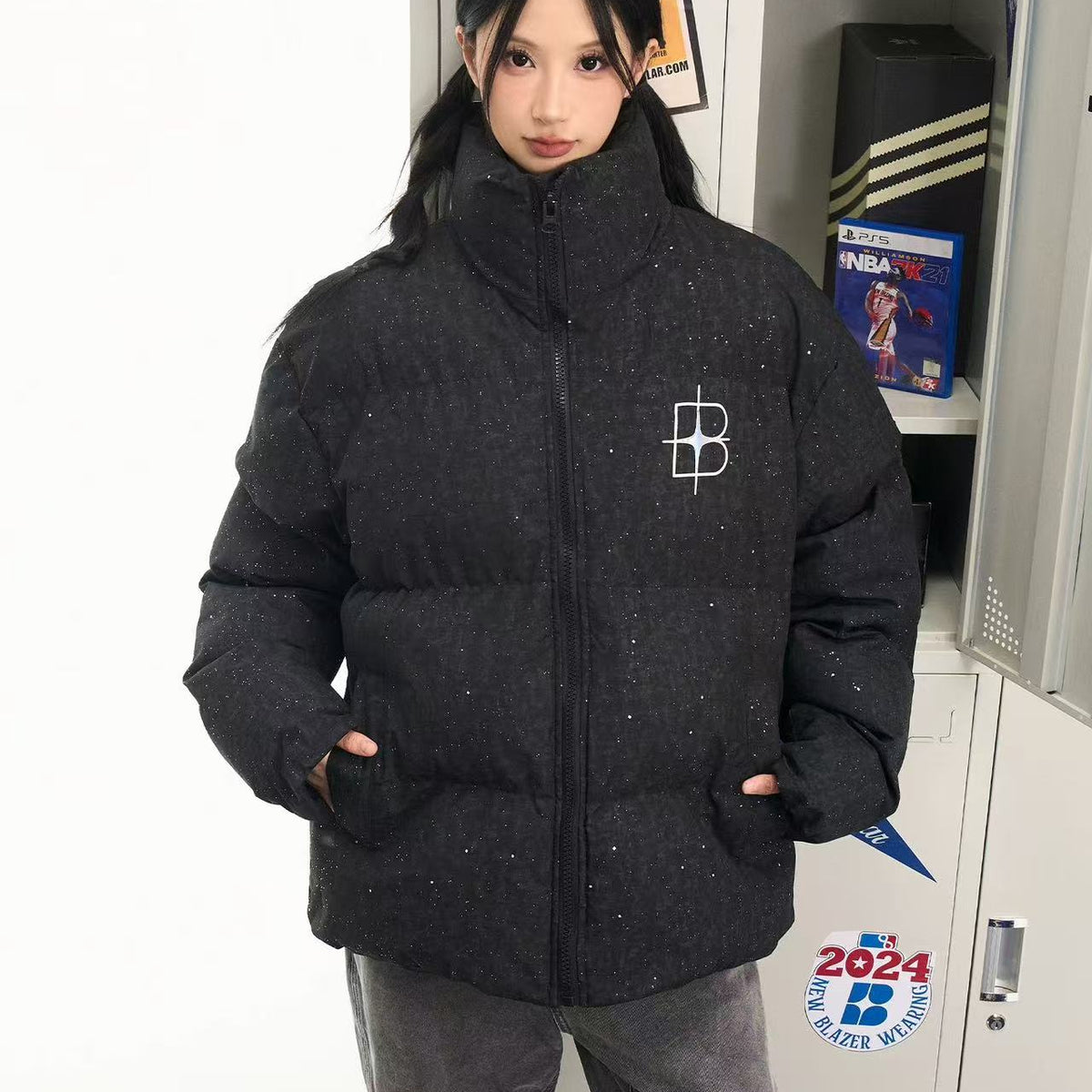 BIPOLAR Four-pointed Star Black Starry Sky Cotton Jacket