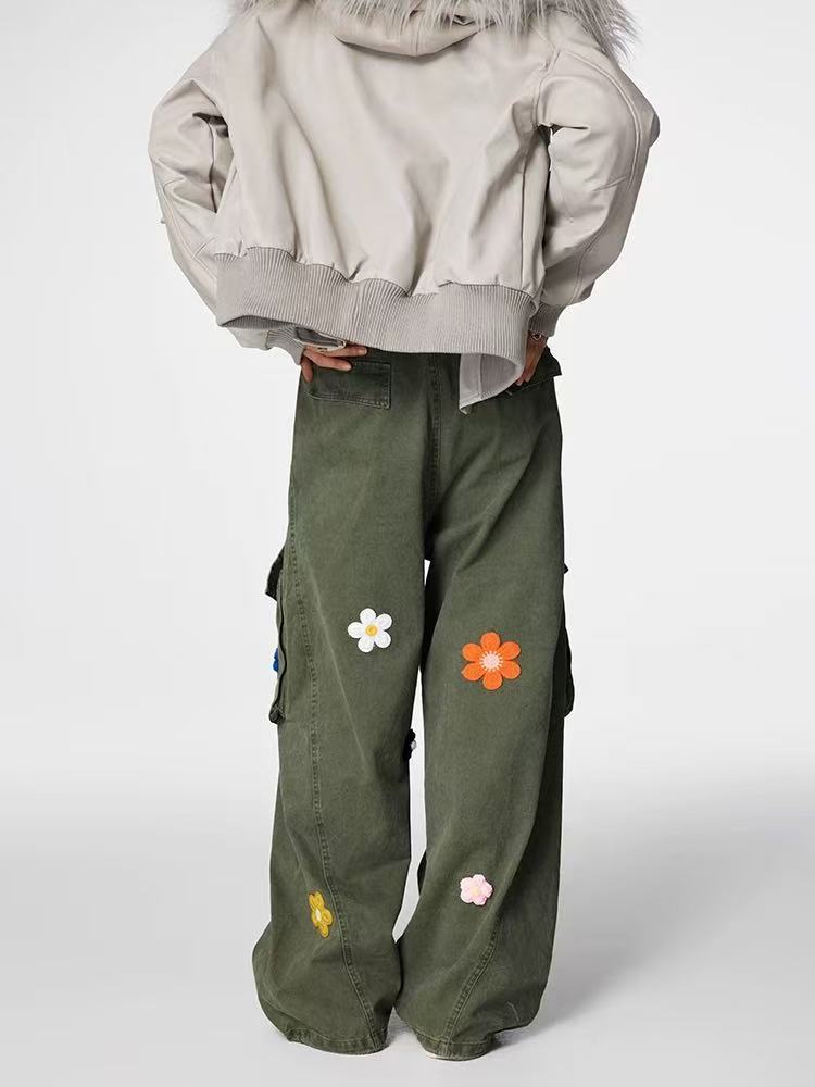 ACHOCK Vintage Multi-pocket Floral Embroidered Paratrooper Pants