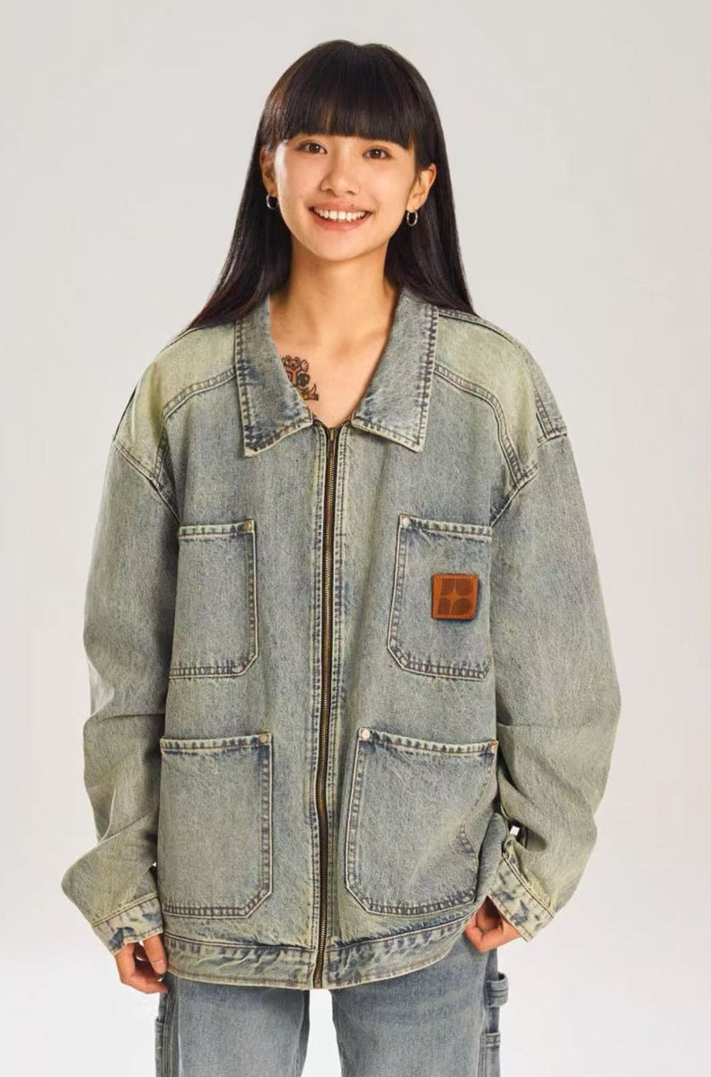 BIPOLAR Retro Distressed Design Washed Denim Jacket
