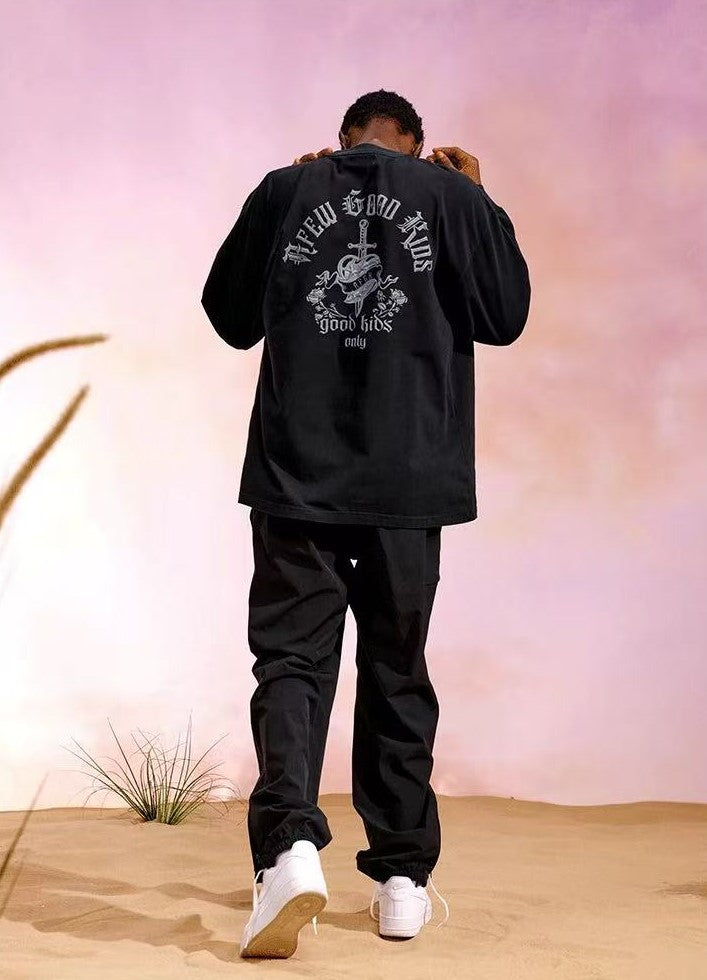 AFGK Sword and Rose Embroidery Washed Long-sleeved T-shirt