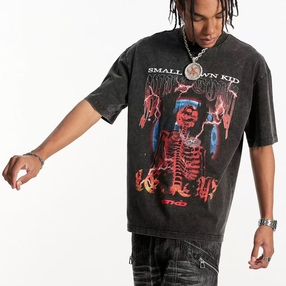 STK Washed Skull Print Crew Neck T-Shirt