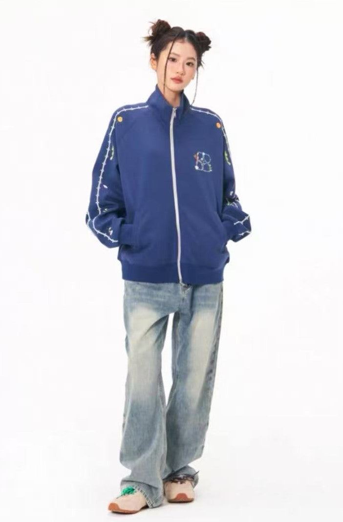 BIPOLAR Floral Embroidered Zipper Sweatshirt