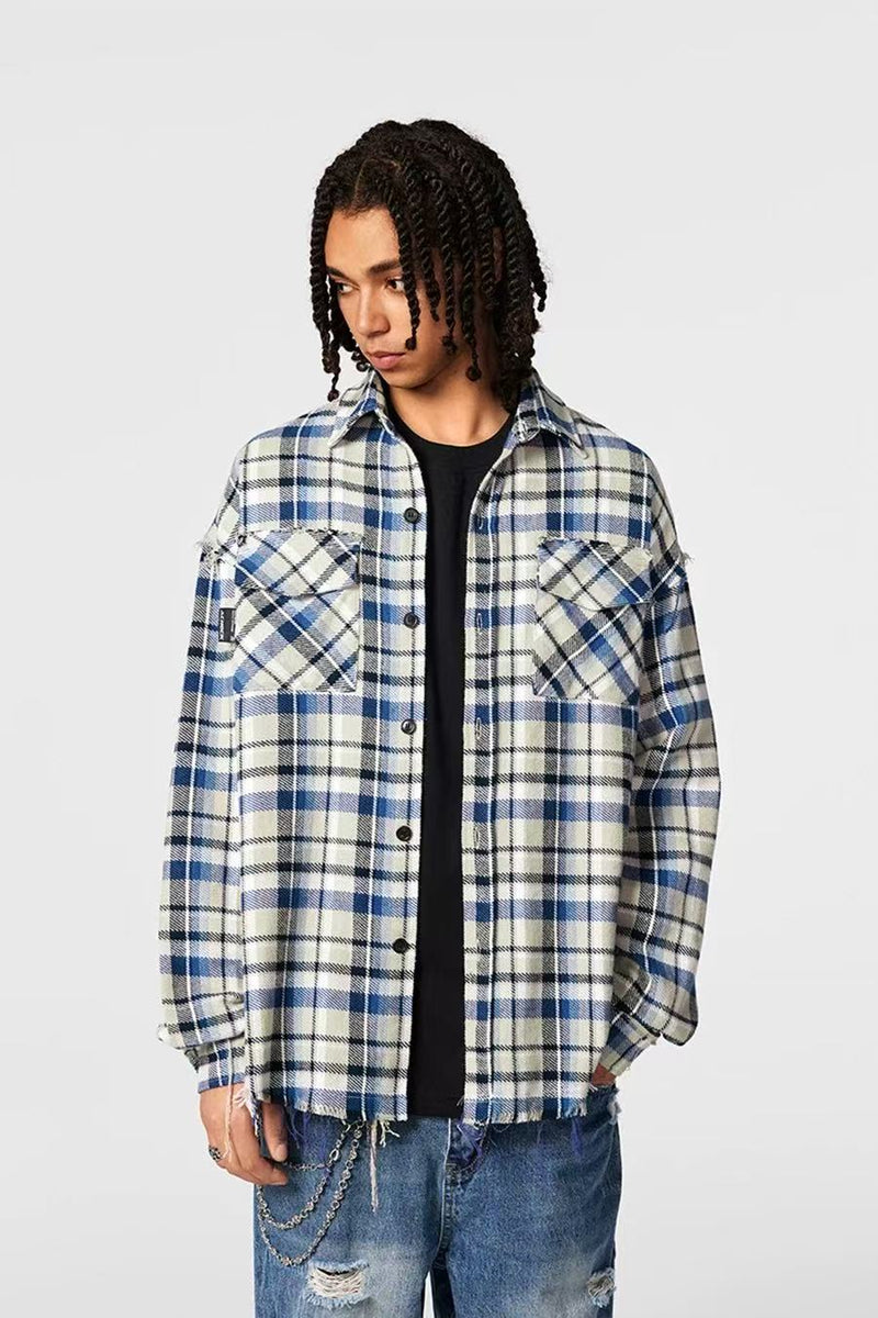 ACHOCK Retro Plaid Tassel Long-sleeve Shirt