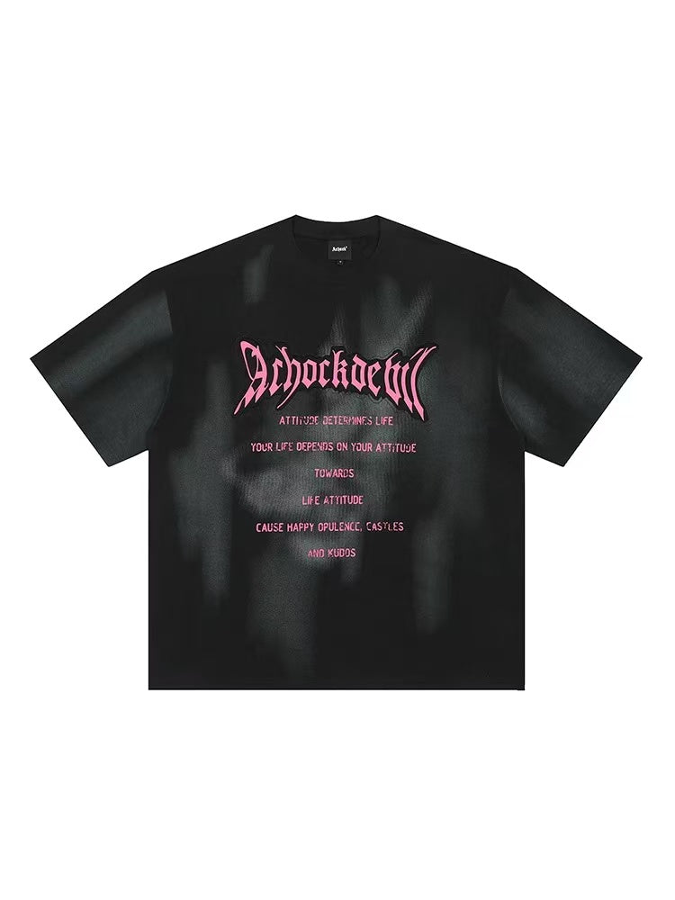 ACHOCK Embroidered Washed Black Distressed T-shirt