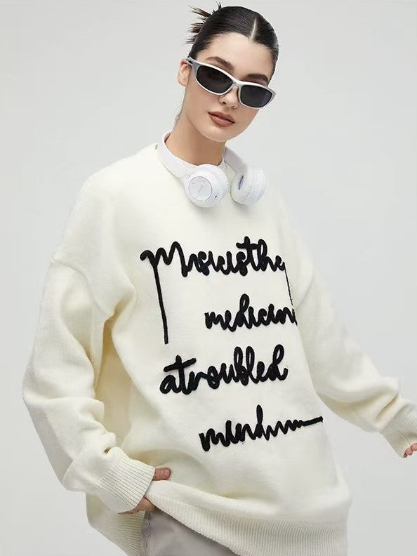 ACHOCK Embroidered Monogram Letter Pullover Sweater