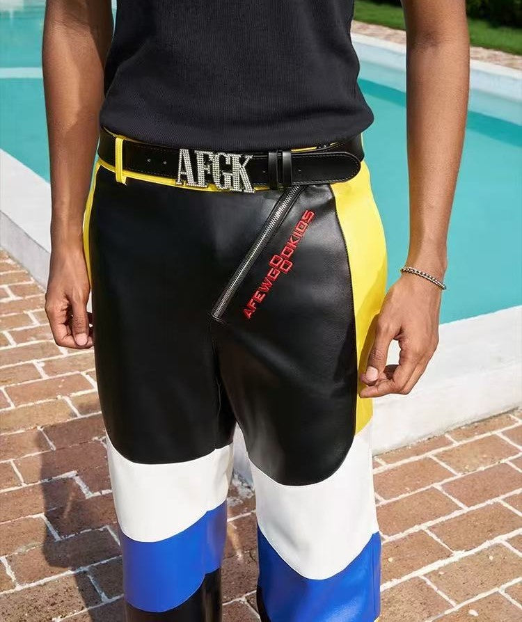 AFGK Street Black and Yellow Contrast Zipper Leather Pants