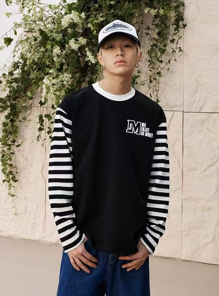MEDM Contrast Collar Striped Long-sleeve T-Shirt