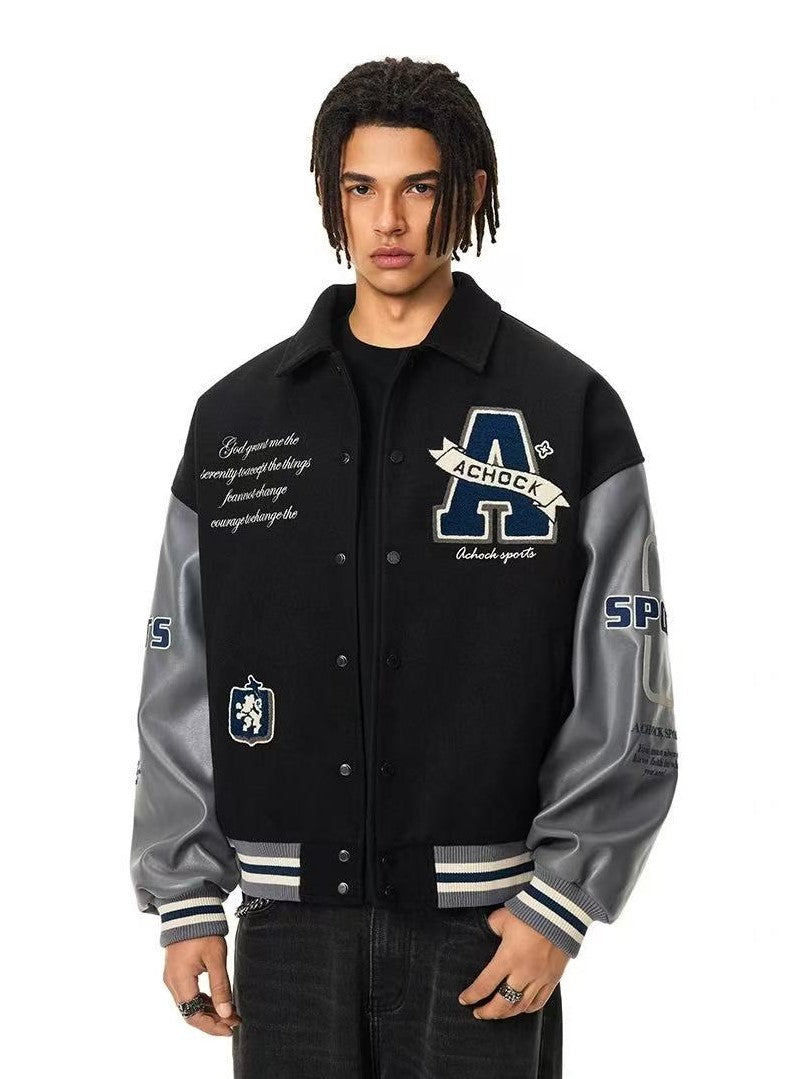 ACHOCK Embroidered Lapel Vintage Baseball Jacket